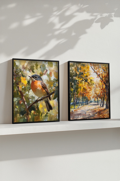 STARYUNA Oil Painting Effect Black Wooden Framed Bird and Autumn Double Painting Set Yuna417