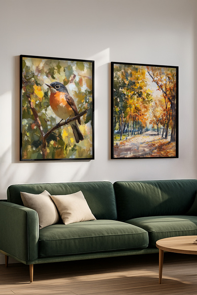 STARYUNA Oil Painting Effect Black Wooden Framed Bird and Autumn Double Painting Set Yuna417