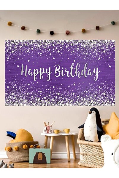 Genel Markalar Mor Temalı Özel Doğum Günü Afişi Arka Fonu 60x100 Vinil -Brand...