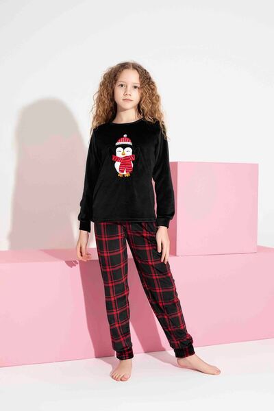 Tarık Girl Teenager and Children Plaid Pattern Long Sleeve French Velvet Fabric Winter Warm Pajamas Set