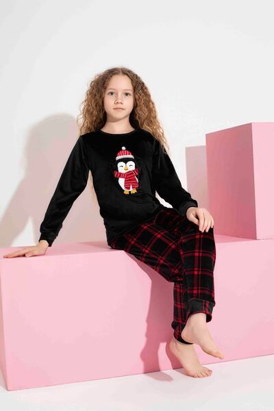 Tarık Girl Teenager and Children Plaid Pattern Long Sleeve French Velvet Fabric Winter Warm Pajamas Set