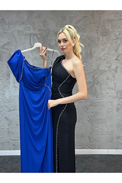 So Lady AZRA KOTAN TEK OMUZ BONCUK DETAYLI KREP KUMAŞ ABİYE ELBİSE