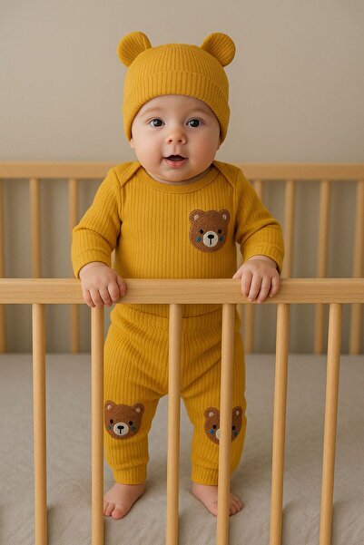 anne dokunuşu gibi KUZUM BEBE طقم أطفال من القماش القطني المطرز بدب بني مكون ...