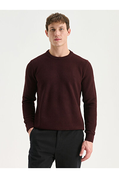 LC Waikiki Burgundy Crew Neck Checkered Men's Knitwear Sweater