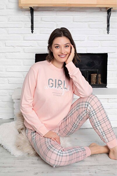 bie's Σετ πιτζάμες χειμερινής φόρμας Jogger με καρό σχέδιο χωρίς κουμπιά με μανσέτες από βαμβάκι με 2 κλωστές