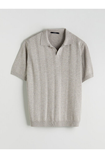 LC Waikiki Beige Polo Collar Short Sleeve Striped Men's Knitwear Sweater