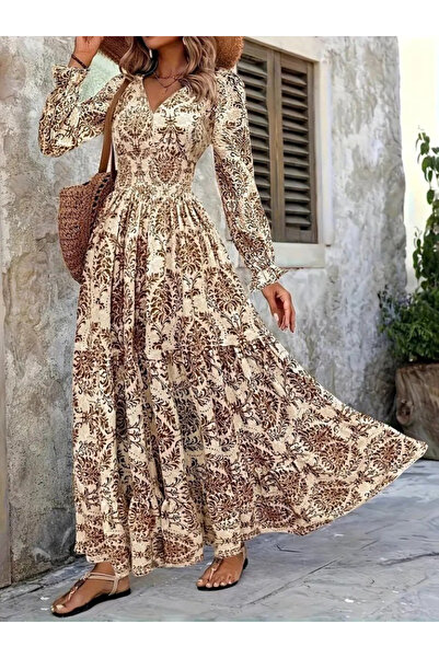 SB COLLECTIONN Women's Uzn Sleeve V-Neck Elastic Waist Single Jersey Maxi Dress