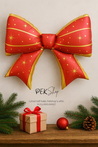 PEKSHOP Kırmızı Gold Büyük Fiyonk Folyo Balon Yılbaşı Fiyonk Balon