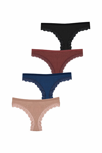 Simi Underwear Pure Cotton Kadın Pamuklu Renkli Dantel Detaylı Slip Külot 4 lü Paket