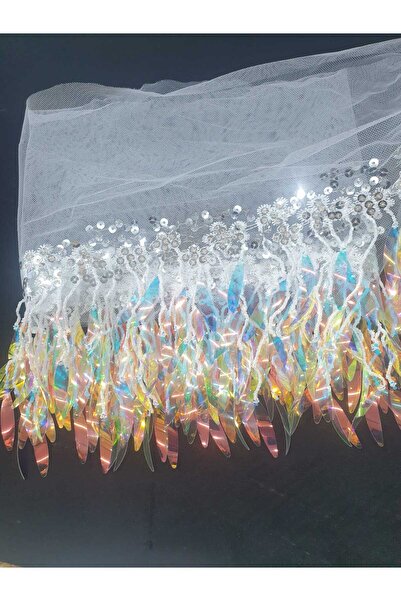 ESRA ŞELEM Tul alb cu paiete strălucitoare, franjuri, ciucuri, panglică decor...