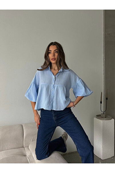 URİS Cămașă premium din țesătură de muselină, albastră, scurtă