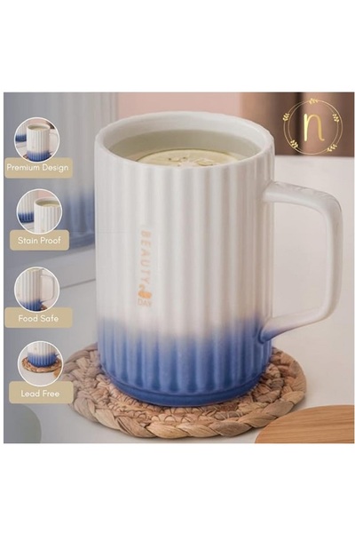 Nestasia White and Blue Ombre Ceramic Coffee Mug with Wooden Lid and Golden Spoon Set of 1, 450ml C