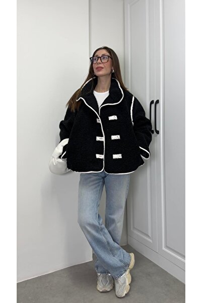 manana fashion معطف أسود كبير الحجم بمظهر فرو دب ناعم مع تفاصيل أزرار