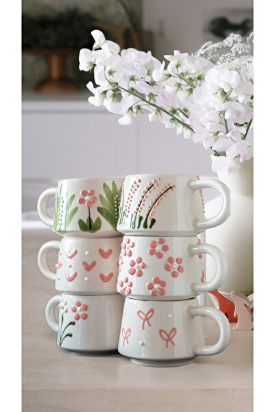 touchmughm Pink Heart Patterned Special Embossed Hand-Painted Ceramic Mug, Double, Coffee Cup, Mug