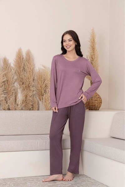 bie's Kadın Lila Bisiklet Yaka Düğmesiz Viskon Mevsimlik Uzun Kol Cepli Pijama Takımı