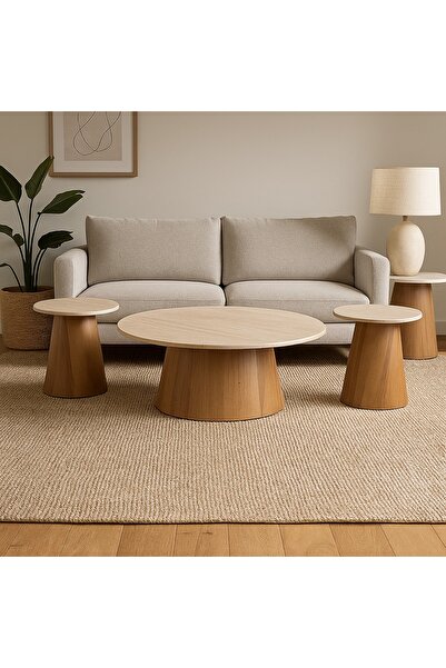 Vi Markets A table set with an elegant circular design, combining wood color and a light surface in a modern style.