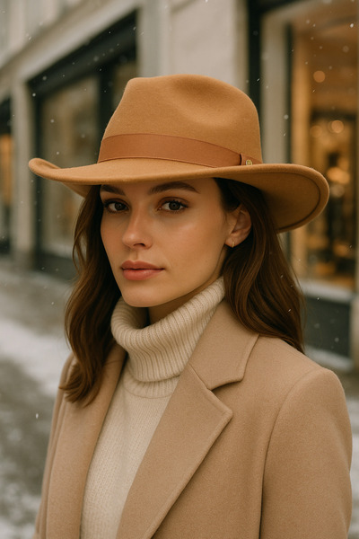 Luminos Butik Women's Camel Curved Brim Cowboy Cashmere Panama Hat Spk1149