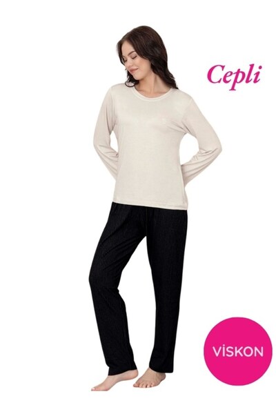 bie's طقم بيجامة نسائي من الفيسكوز بدون أزرار برقبة دائرية وأكمام طويلة وجيوب...