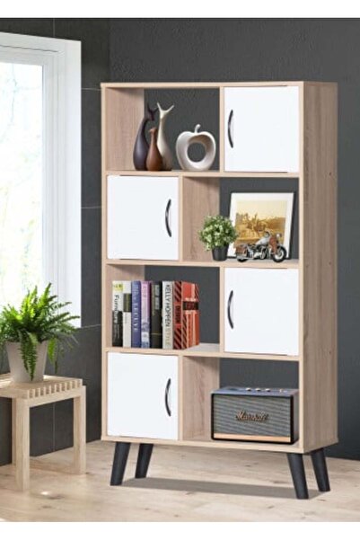BAITY Malaysian Wood Bookshelf with 4 Shelves and Drawers in Wooden and White Color