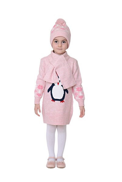 Sevimli Kız Çocuk Kışlık Elbise Penguen İşlemeli Bere Ve Atkılı 3'lü Takım