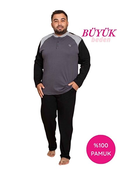GUAVA+ Men's Large Plus Size Patterned 3 Button 100% Cotton Seasonal Long Sleeve Pajama Set with Pockets