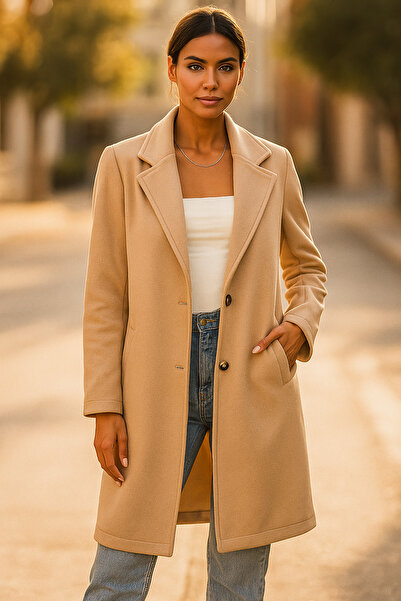 tach Women's Beige Unlined Fleece Cashmere Coat