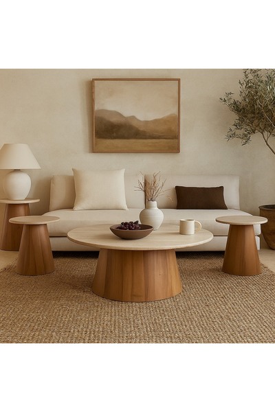 Vi Markets A table set with an elegant circular design, combining wood color and a light surface in a modern style.
