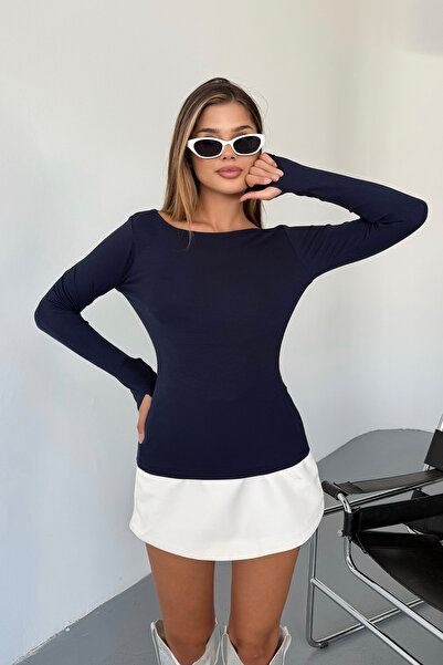 LACHT Body pentru femei, albastru bleumarin, cu guler prințesă, din bumbac modal