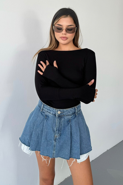 LACHT Body negru pentru femei, cu guler prințesă, din bumbac modal