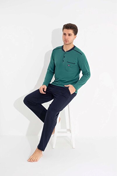 GUAVA+ Ανδρικό πράσινο σετ πιτζάμες με 3 κουμπιά, 100% βαμβάκι, με τσέπη στο στήθος και ελαφρύ μακρυμάνικες τσέπες