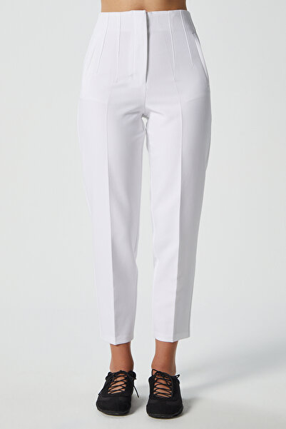 Ritnice Women's Jeremy Tok Textured Ribbed Ecru Carrot Pants 5113