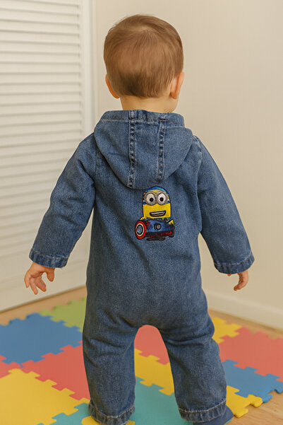 CROCODAYS Unisex Çocuk Bebek Kot (JEANS) Baskılı Kapşonlu Tulum (3/6/9/12) Ay