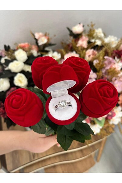 Sepetten Eve Kadife Gül İçinden Çıkan Gümüş Renk Kalpli Ciddi İlişki Yüzüğü 14 Şubat Sevgililer Günü Hediyesi