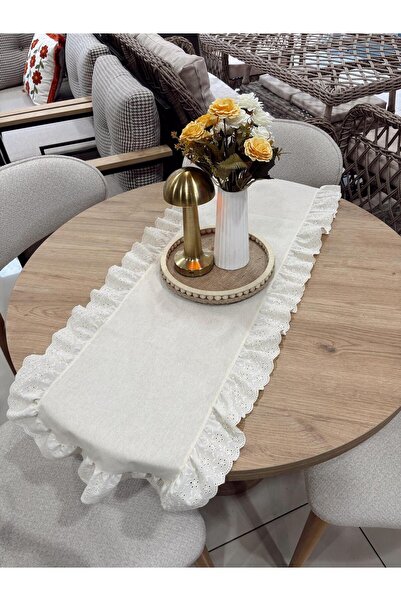 NURGİTA HOME % 100 Pamuk Naturel Ham Keten Fisto Fırfırlı Oval Runner Bej (45...