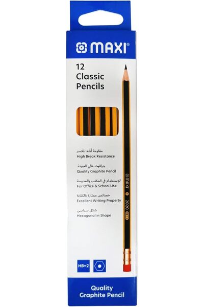 MAXİ Classic Hexagonal Graphite Pencil HB with Eraser, Pack of 12, Black