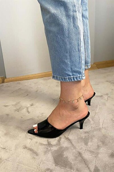 Les Passent Women's Black Patent Leather 7 cm Thin Heeled Pointed Toe Slippers