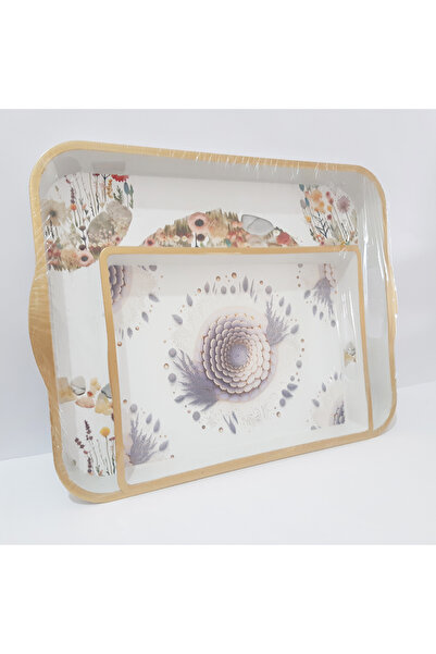 renkli çiçekler Tea Tray 40X32X4 cm and 30X22X3.5 cm 2-Piece Patterned Plastic Rectangular Tea Coffee Tray Serving Tray