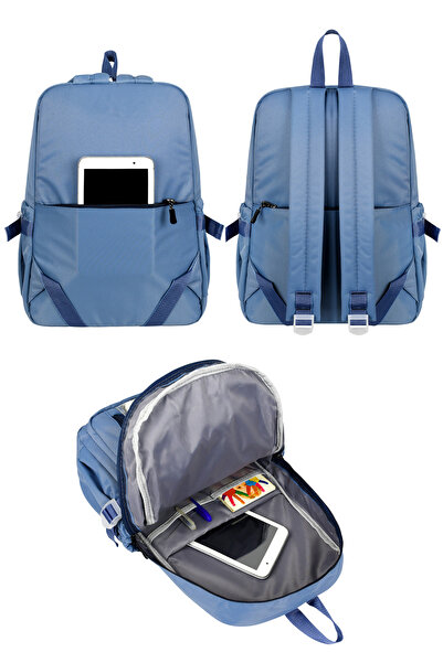 CAKARD Set de 3 ghiozdane albastre din denim - Rucsac cu figurină de ursuleț + Cutie de prânz + Suport pentru creion