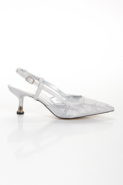 Miss Mitto Women's Silver Satin Patterned Comfortable Stiletto with 5 cm Thin Galvanized Heels Encrusted with Stones