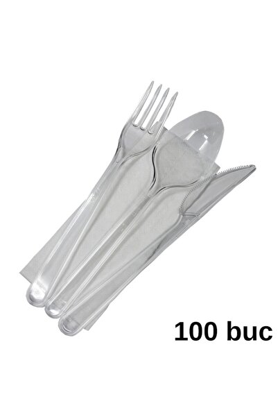 LYOBEST Set Furculita, Cutit, Lingura si Servetel, transparente, reutilizabile, 100 bucati