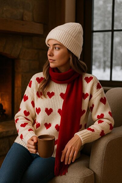 trivvy Pulover de tricotat la modă cu model de inimă Pinterest cu textura moale