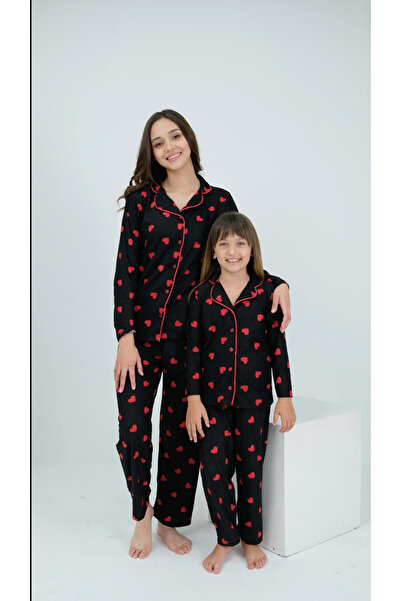 ANGEL VALESKA Kalp Desenli Düğmeli Uzun Kollu Anne Kız Pijama Takımı