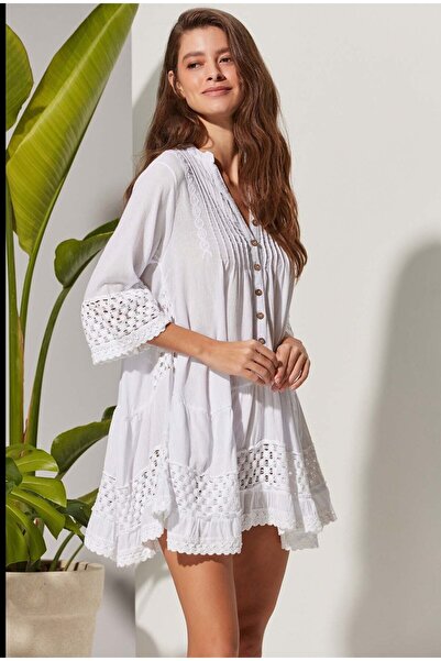 White By Nature Λευκό γυναικείο υφασμάτινο τουνίκ με κουμπιά Wbn