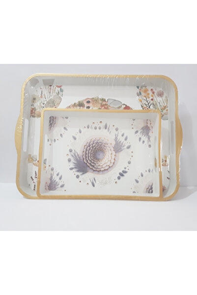 renkli çiçekler Tea Tray 40X32X4 cm and 30X22X3.5 cm 2-Piece Patterned Plastic Rectangular Tea Coffee Tray Serving Tray