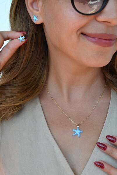 Sacce Scarves&Accessories Mavi Deniz Yıldızı Kolye Küpe Takımı – 14K Gold Kap...