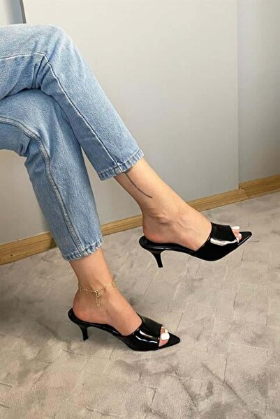 Les Passent Women's Black Patent Leather 7 cm Thin Heeled Pointed Toe Slippers