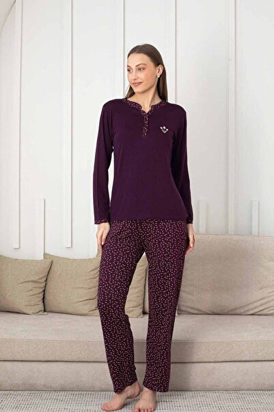 ALİMER ADA TEKS Nakışlı Kadın Pijama Takımı - 3 Düğmeli Uzun Kol Likralı Bambu Viskon