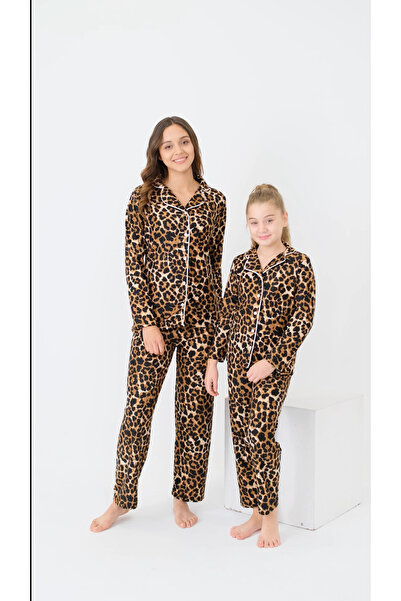 ANGEL VALESKA طقم بيجامة للأم والابنة بأكمام طويلة وأزرار بنقشة الفهد