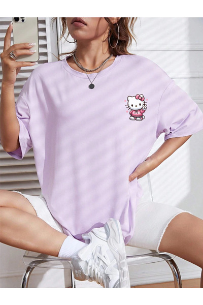 COHERENT Unisex Erkek/Kadın Hello Kıty Özel Baskılı Oversize Pamuklu T-Shirt