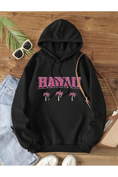 LAPS سويت شيرت أسود من هاواي باميلي كنغر بجيب بغطاء رأس كبير الحجم